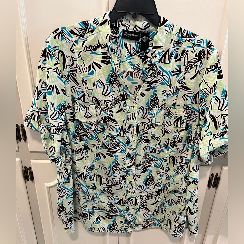 Maggie Barnes. Short sleeve button up blouse.